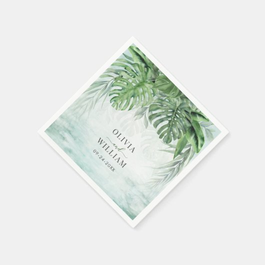 Serviette En Papier Palm Tropical Feuille Aquarelle Mariage vert (Coin)
