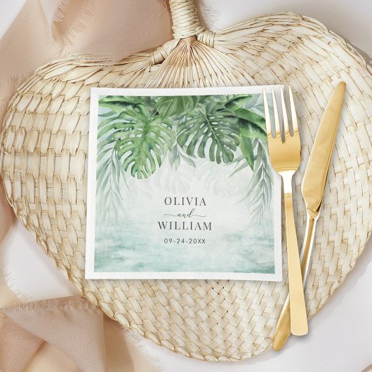 Serviette En Papier Palm Tropical Feuille Aquarelle Mariage vert