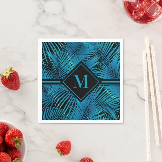 Serviette En Papier Palmes noires Turquoise Monogramme (En situation)