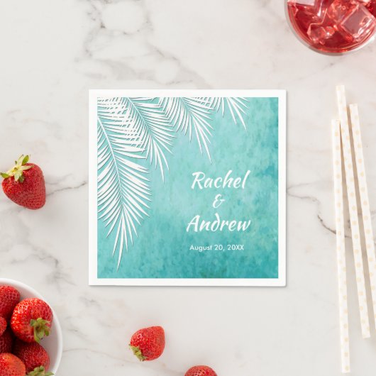 Serviette En Papier Palmier blanc sur serviettes Ocean Turquoise Blue  (En situation)