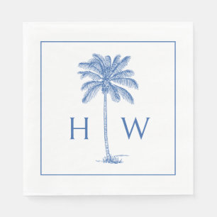 Serviette En Papier Palmier Palmetto Bleu et Blanc Monogramme