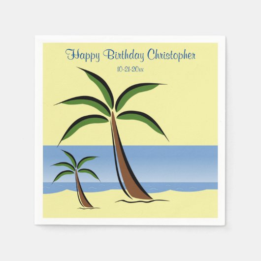 Serviette En Papier Palmier tropical Joyeux Anniversaire Plage Nom de  (Devant)
