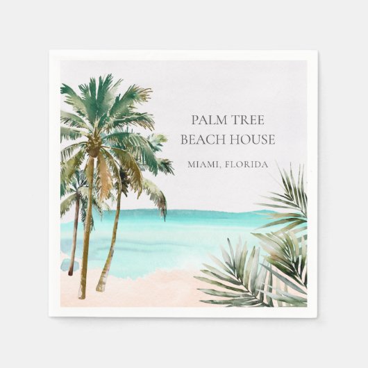 Serviette En Papier Palmier Tropical Personnalisé Feuilles Plage Bleue (Devant)