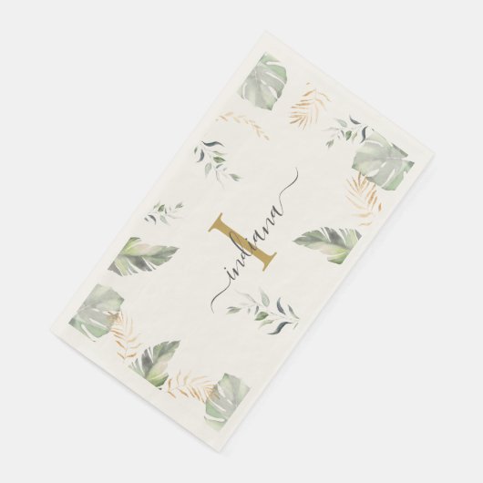Serviette En Papier Palmiers botaniques Monogramme Nom Green Gold Feui (Coin)