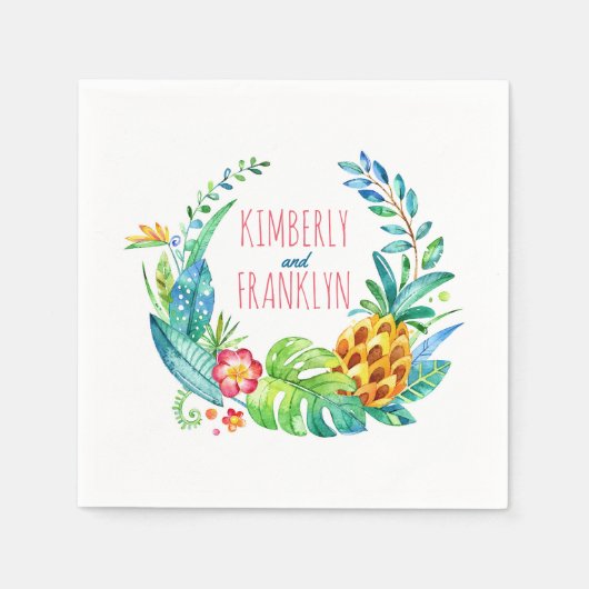 Serviette En Papier palmiers de mariage de plage et aquarelle d'ananas (Devant)