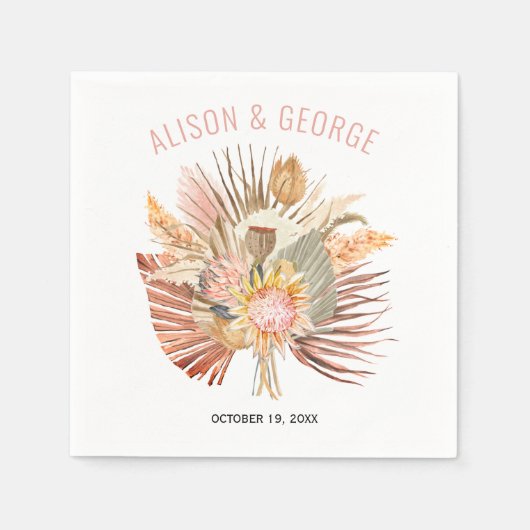 Serviette En Papier Palmiers séchés et pampas mariage rose pâle (Devant)