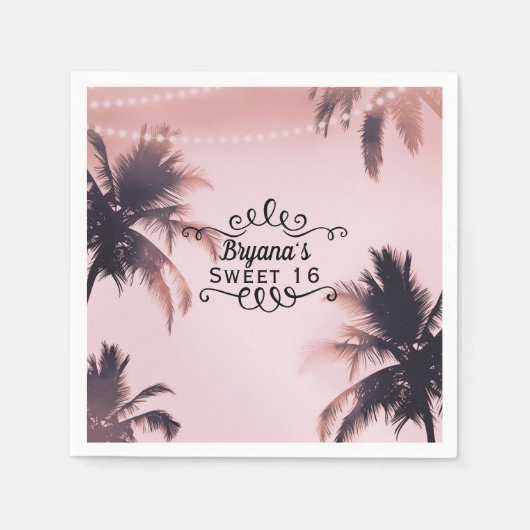 Serviette En Papier Palmiers tropicaux et lumières Plage rose (Devant)