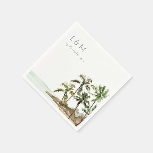 Serviette En Papier Palmiers tropicaux Mariage de sable de plage Monog (Coin)