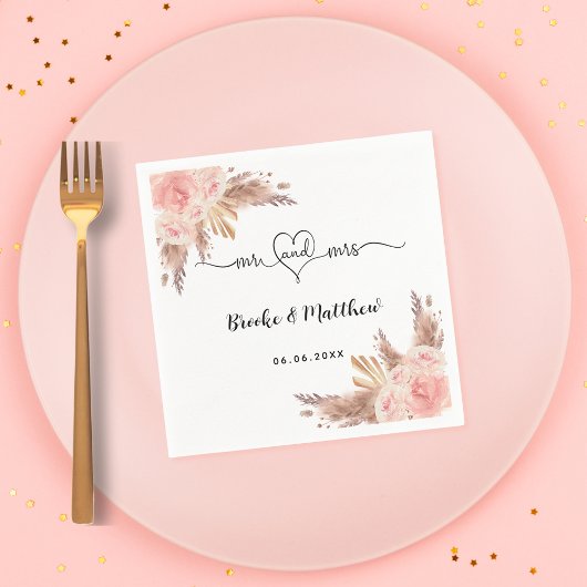 Serviette En Papier Pampas fleurs d'herbe m. coeur boho mariage