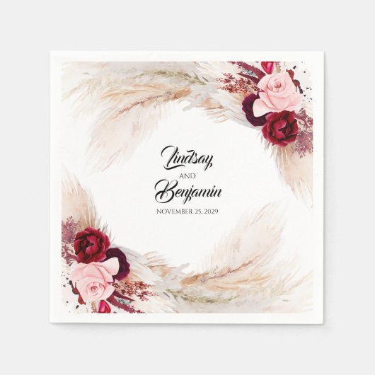 Serviette En Papier Pampas Grass Bourgogne Rouge Floral Mariage (Devant)