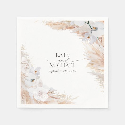 Serviette En Papier Pampas Grass et Orchidées Blanches Mariage tropica (Devant)