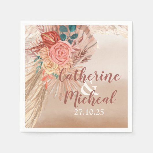 Serviette En Papier Pampas Grass Floral Terracotta Boho Chic Mariage (Devant)