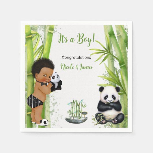 Serviette En Papier Panda Bamboo Thème Baby Boy Black White Green (Devant)