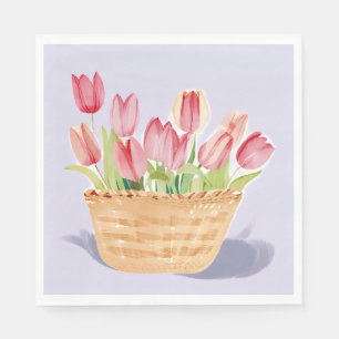 Serviette En Papier Panier de Tulipes   Peinture Aquarelle Florale