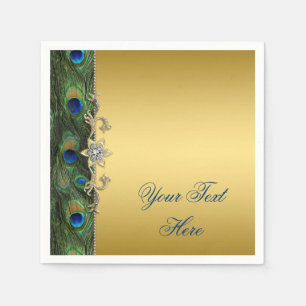 Serviette En Papier Paon bleu royal vert et or élégant