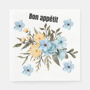 Serviette En Papier Pape Bon Appétit Floral Bleu et Jaune Aquarelle
