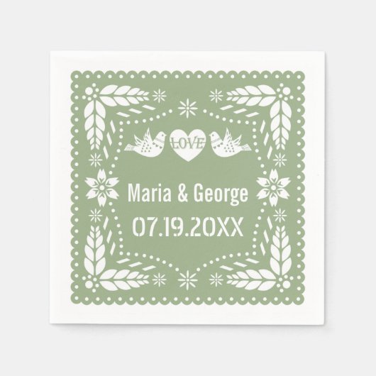 Serviette En Papier Pape vert Sage picado inséparables mariage (Devant)