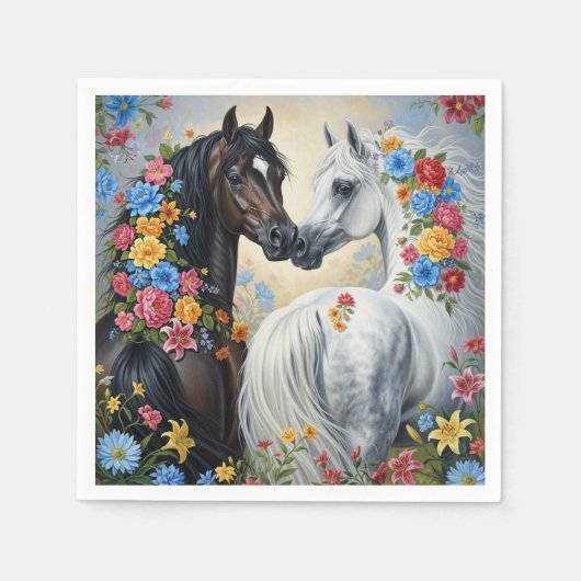 Serviette En Papier Paper Napkin Horses framed in flowers (Devant)