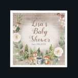 Serviette En Papier Paper Napkin Winter Woodland Animals White Floral<br><div class="desc">Winter Woodland Animals White Floral Silver Snowflakes Baby shower Napkin
Wording can be changed into any occasion.</div>