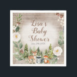 Serviette En Papier Paper Napkin Winter Woodland Animals White Floral<br><div class="desc">Winter Woodland Animals White Floral Silver Snowflakes Baby shower Napkin
Wording can be changed into any occasion.</div>