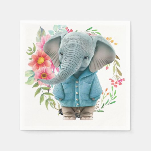 Serviette En Papier Paper Napkins Happy Blue Elephant Floral (Devant)