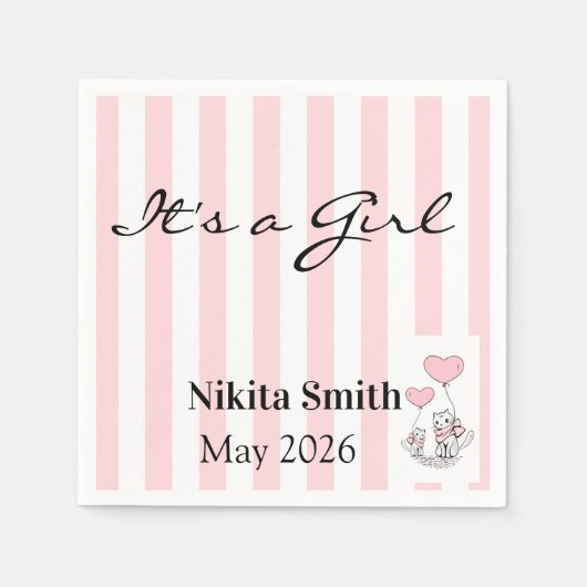 Serviette En Papier Paper Napkins Pink & White Stripe Cat (Devant)
