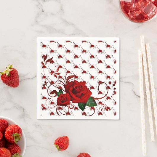 Serviette En Papier Paper Napkins, Red Rose Floral (En situation)