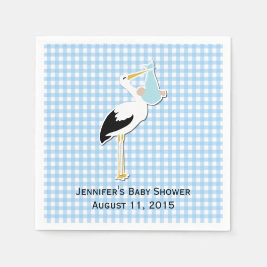 Serviette En Papier Papier à Baby shower bleu En vichy et cigogne (Devant)