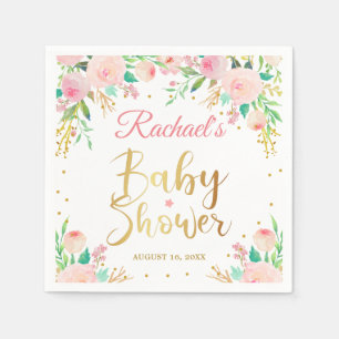 Serviette En Papier Papier Baby shower élégant Pink Floral Gold Script