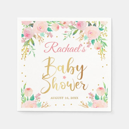 Serviette En Papier Papier Baby shower élégant Pink Floral Gold Script (Devant)