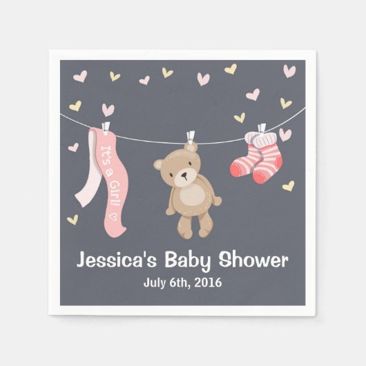 Serviette En Papier Papier Baby shower Ours Teddy Napkin Girl Gris ros (Devant)