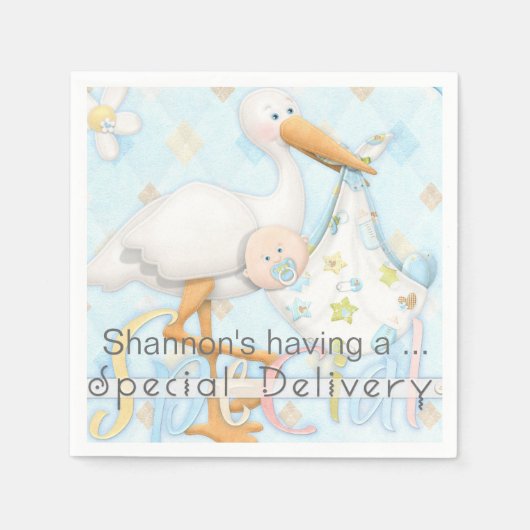 Serviette En Papier Papier Baby shower Stork Blue Boy (Devant)