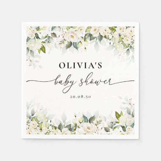 Serviette En Papier Papier Baby shower vert Roses blanches (Devant)