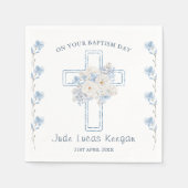 Serviette En Papier Papier Baptême croisé floral bleu Napkin (Devant)
