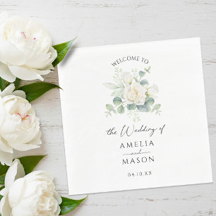 Serviette En Papier Papier Blanc Floral Rose Eucalyptus pour Mariage