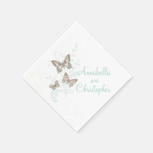 Serviette En Papier Papier blanc turquoise mariage 3 papillons à encre (Coin)