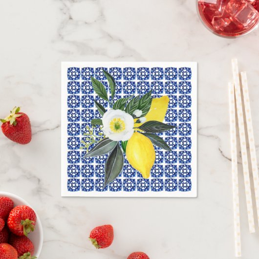 Serviette En Papier Papier Carrelage bleu citron méditerranéen (En situation)