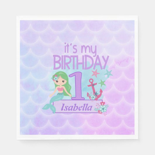 Serviette En Papier Papier d'anniversaire à thème de Sirène (Devant)