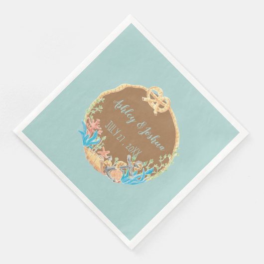 Serviette En Papier Papier de mariage bleu et Brown Retro Beach (Coin)