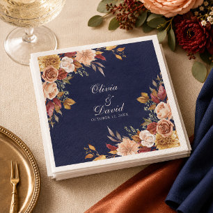 Serviette En Papier Papier de mariage floral bleu minuit et orange brû