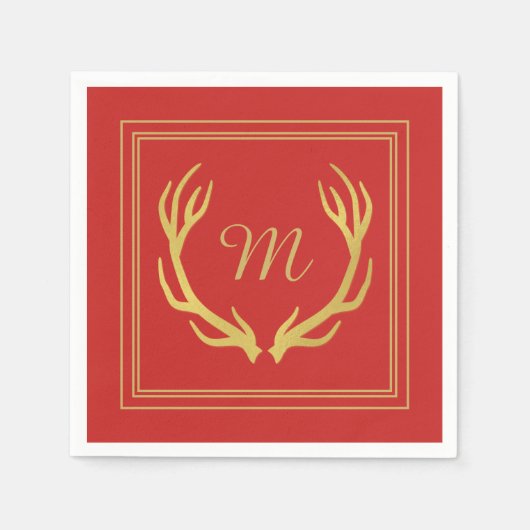 Serviette En Papier Papier de Noël Monogram Gold Antlers | Red (Devant)