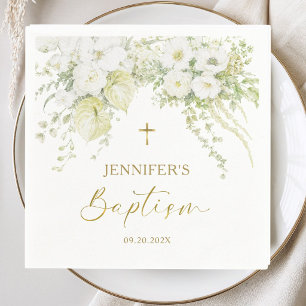 Serviette En Papier Papier Élégant de Baptême à Croix Dorée Florale Bl
