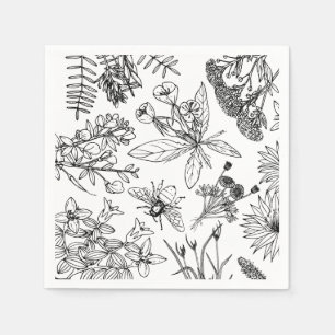 Serviette En Papier Papier Fleur sauvage noir et blanc Boho Napkin