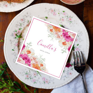 Serviette En Papier Papier floral aquarelle orange et rose vif