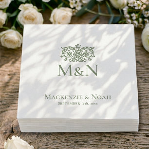 Serviette En Papier Papier Floral Orné Vert pour Mariage Monogramme