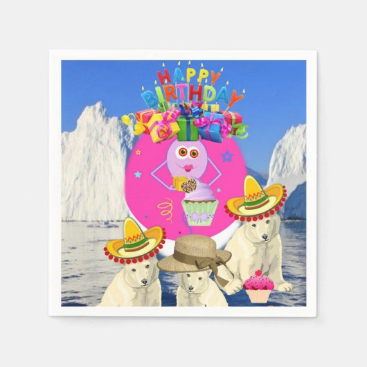 Serviette En Papier Papier, Joyeux Ours Polaire Anniversaire (Devant)