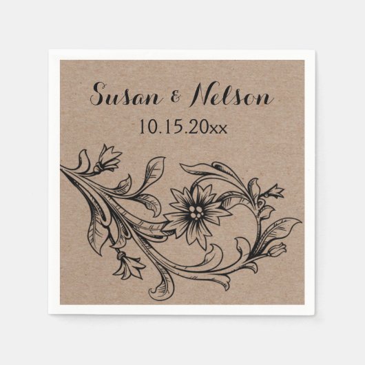Serviette En Papier Papier Kraft vintage fleuri mariage (Devant)