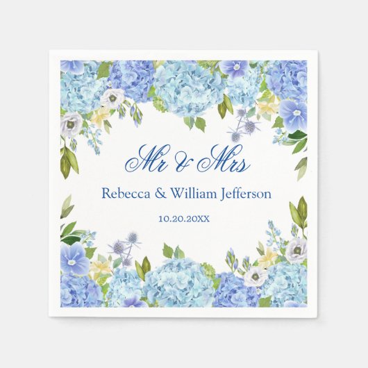 Serviette En Papier Papier Mariage bleu Hydrangea Floral Greenery (Devant)