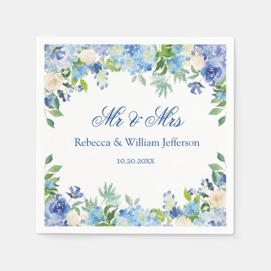 Serviette En Papier Papier Mariage bleu Hydrangea Floral Greenery (Devant)