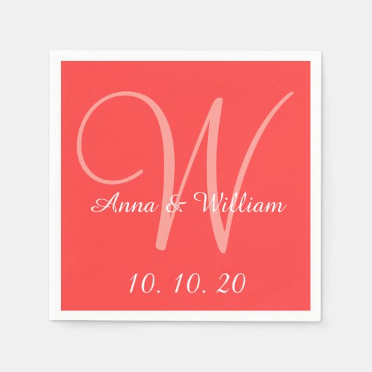 Serviette En Papier Papier Mariage couleur rouge monogramme corail (Devant)
